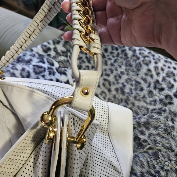BCBGMaxAzria Cream Buttery Soft Perforated Leather Shoulder Bag, Gold Hardware - Picture 15 of 16